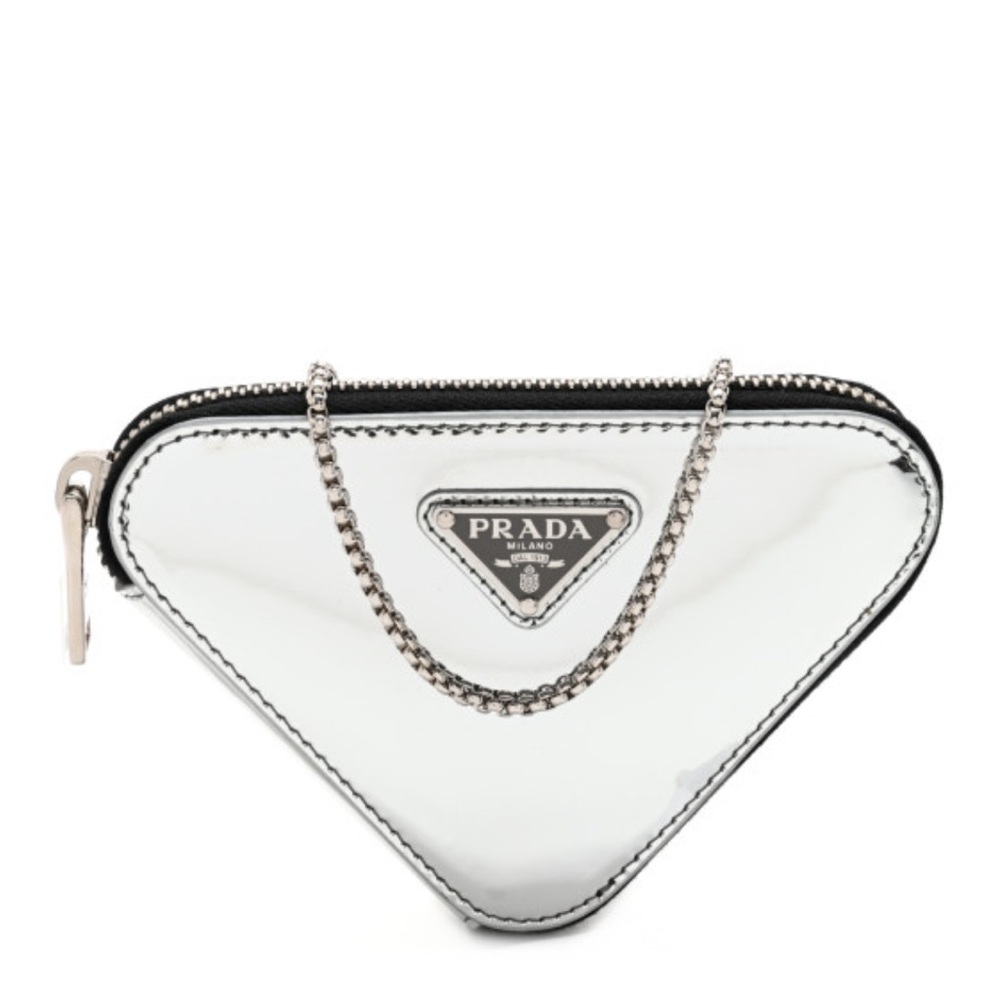Prada Spazzolato Mini Triangle Chain Crossbody Pouch Argento